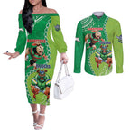 Personalised Rabbitohs And Raiders Rugby Couples Matching Off The Shoulder Long Sleeve Dress and Long Sleeve Button Shirt Aboriginal Mix Polynesian Pattern