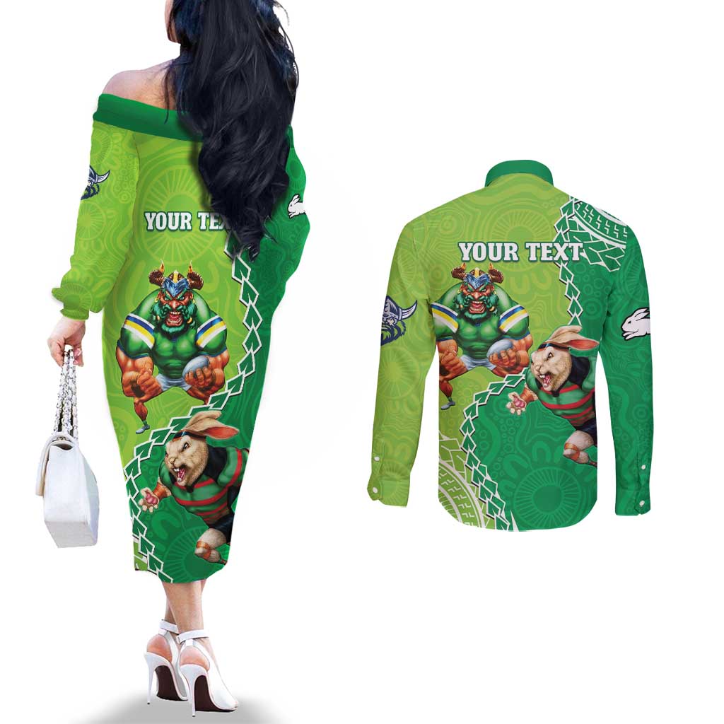 Personalised Rabbitohs And Raiders Rugby Couples Matching Off The Shoulder Long Sleeve Dress and Long Sleeve Button Shirt Aboriginal Mix Polynesian Pattern