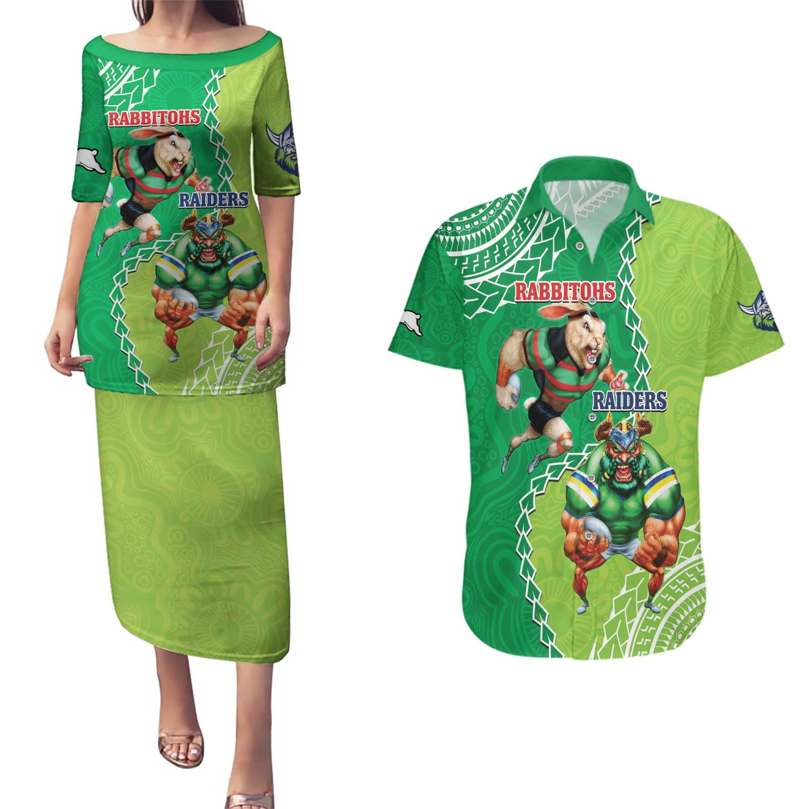 Personalised Rabbitohs And Raiders Rugby Couples Matching Puletasi and Hawaiian Shirt Aboriginal Mix Polynesian Pattern
