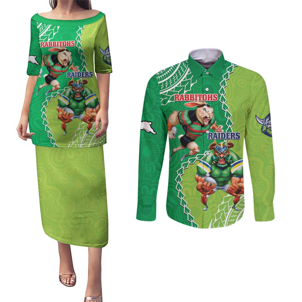 Personalised Rabbitohs And Raiders Rugby Couples Matching Puletasi and Long Sleeve Button Shirt Aboriginal Mix Polynesian Pattern