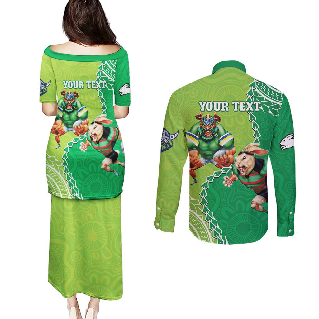 Personalised Rabbitohs And Raiders Rugby Couples Matching Puletasi and Long Sleeve Button Shirt Aboriginal Mix Polynesian Pattern