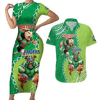 Personalised Rabbitohs And Raiders Rugby Couples Matching Short Sleeve Bodycon Dress and Hawaiian Shirt Aboriginal Mix Polynesian Pattern