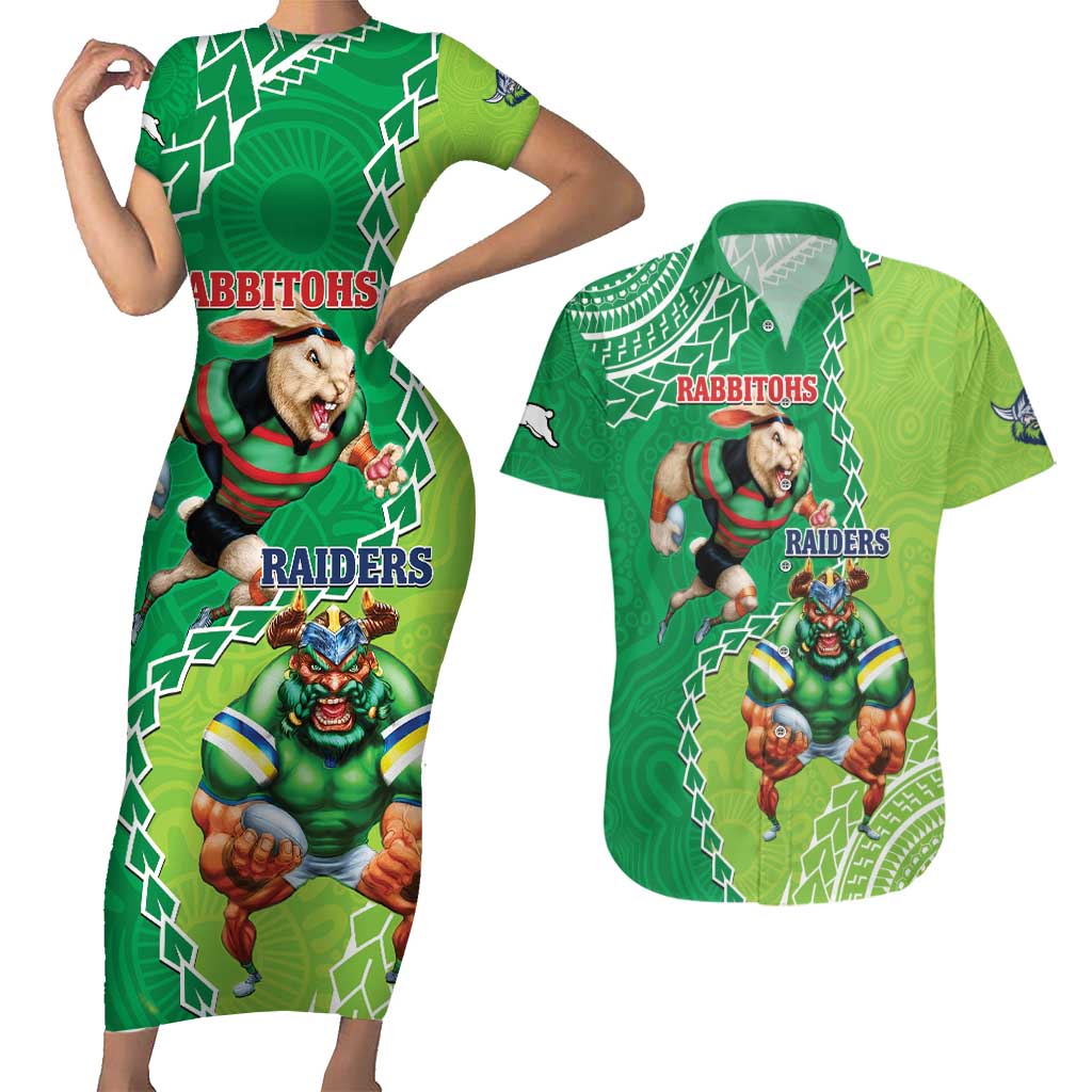 Personalised Rabbitohs And Raiders Rugby Couples Matching Short Sleeve Bodycon Dress and Hawaiian Shirt Aboriginal Mix Polynesian Pattern