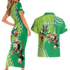 Personalised Rabbitohs And Raiders Rugby Couples Matching Short Sleeve Bodycon Dress and Hawaiian Shirt Aboriginal Mix Polynesian Pattern