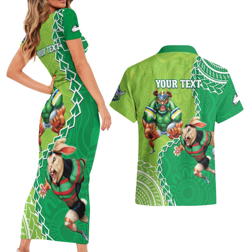 Personalised Rabbitohs And Raiders Rugby Couples Matching Short Sleeve Bodycon Dress and Hawaiian Shirt Aboriginal Mix Polynesian Pattern