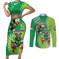 Personalised Rabbitohs And Raiders Rugby Couples Matching Short Sleeve Bodycon Dress and Long Sleeve Button Shirt Aboriginal Mix Polynesian Pattern