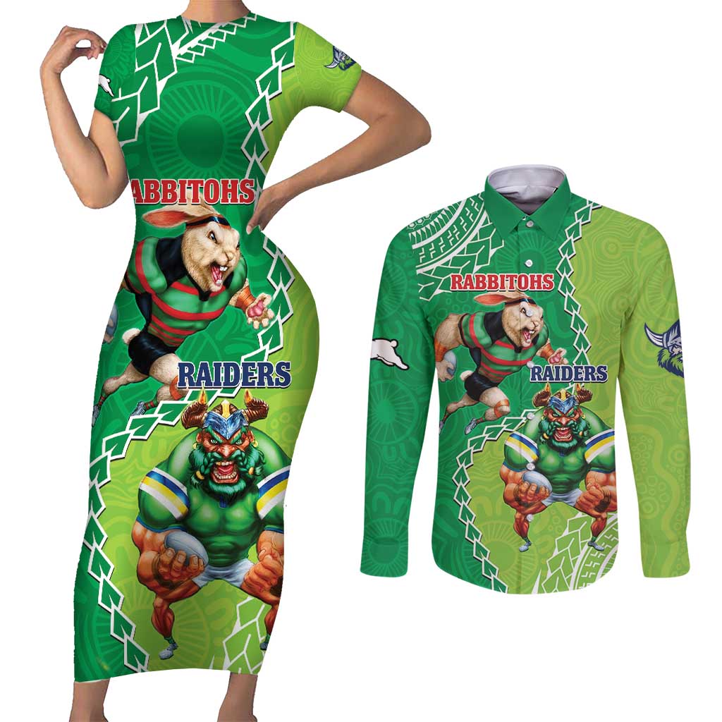 Personalised Rabbitohs And Raiders Rugby Couples Matching Short Sleeve Bodycon Dress and Long Sleeve Button Shirt Aboriginal Mix Polynesian Pattern