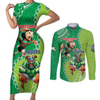Personalised Rabbitohs And Raiders Rugby Couples Matching Short Sleeve Bodycon Dress and Long Sleeve Button Shirt Aboriginal Mix Polynesian Pattern