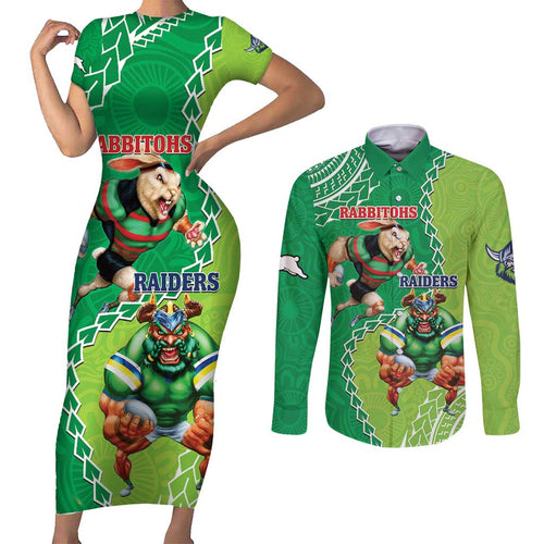 Personalised Rabbitohs And Raiders Rugby Couples Matching Short Sleeve Bodycon Dress and Long Sleeve Button Shirt Aboriginal Mix Polynesian Pattern