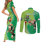 Personalised Rabbitohs And Raiders Rugby Couples Matching Short Sleeve Bodycon Dress and Long Sleeve Button Shirt Aboriginal Mix Polynesian Pattern