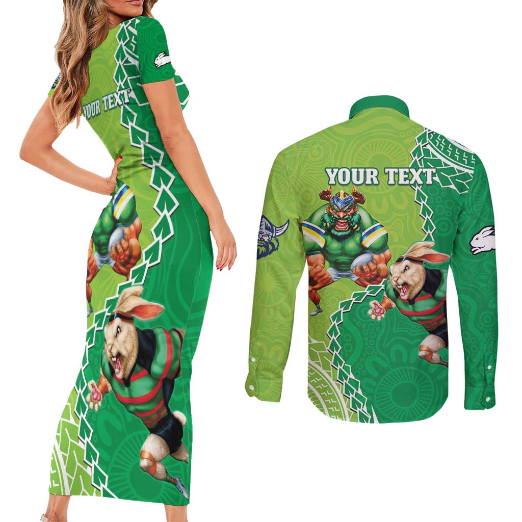 Personalised Rabbitohs And Raiders Rugby Couples Matching Short Sleeve Bodycon Dress and Long Sleeve Button Shirt Aboriginal Mix Polynesian Pattern