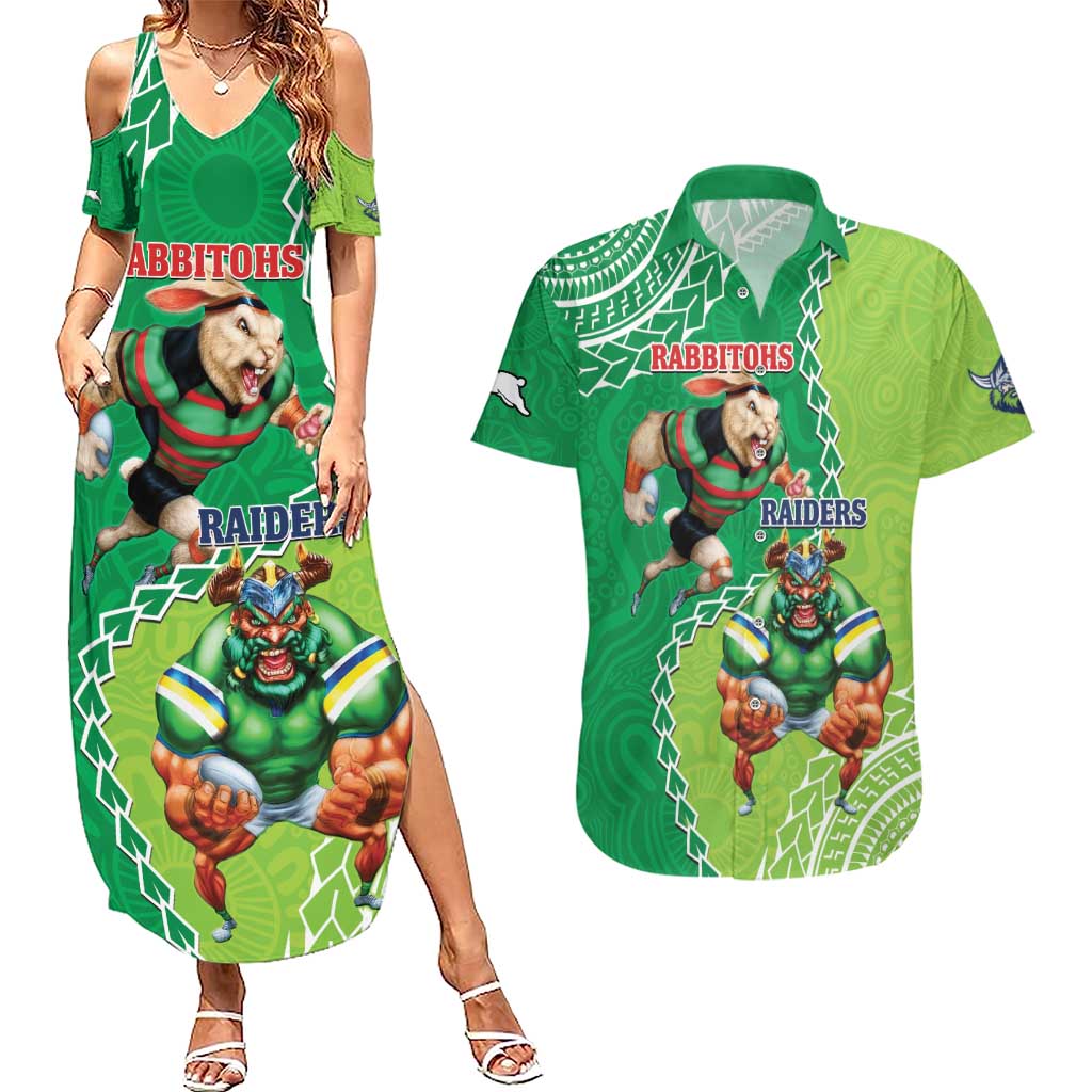 Personalised Rabbitohs And Raiders Rugby Couples Matching Summer Maxi Dress and Hawaiian Shirt Aboriginal Mix Polynesian Pattern