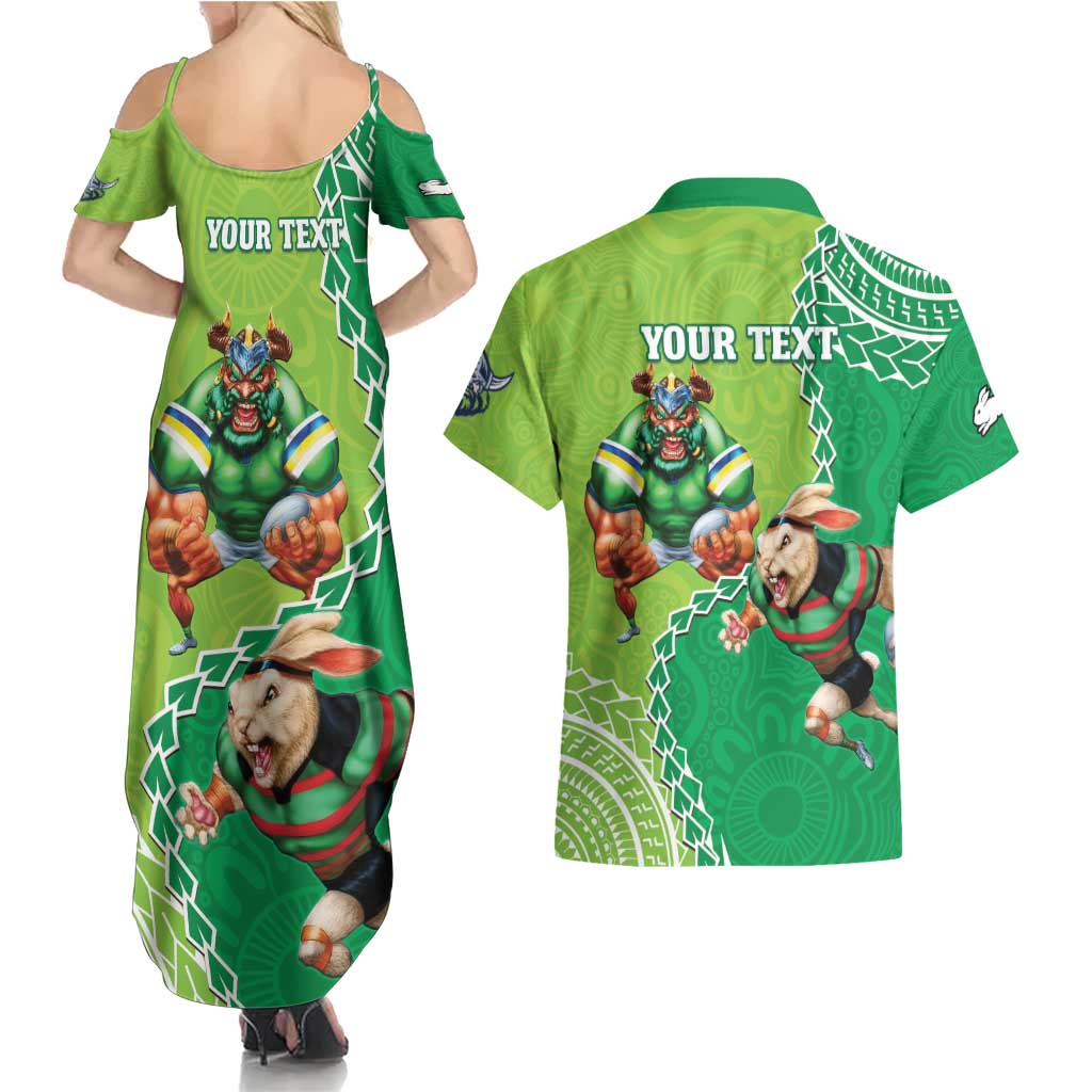 Personalised Rabbitohs And Raiders Rugby Couples Matching Summer Maxi Dress and Hawaiian Shirt Aboriginal Mix Polynesian Pattern