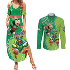Personalised Rabbitohs And Raiders Rugby Couples Matching Summer Maxi Dress and Long Sleeve Button Shirt Aboriginal Mix Polynesian Pattern