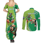 Personalised Rabbitohs And Raiders Rugby Couples Matching Summer Maxi Dress and Long Sleeve Button Shirt Aboriginal Mix Polynesian Pattern