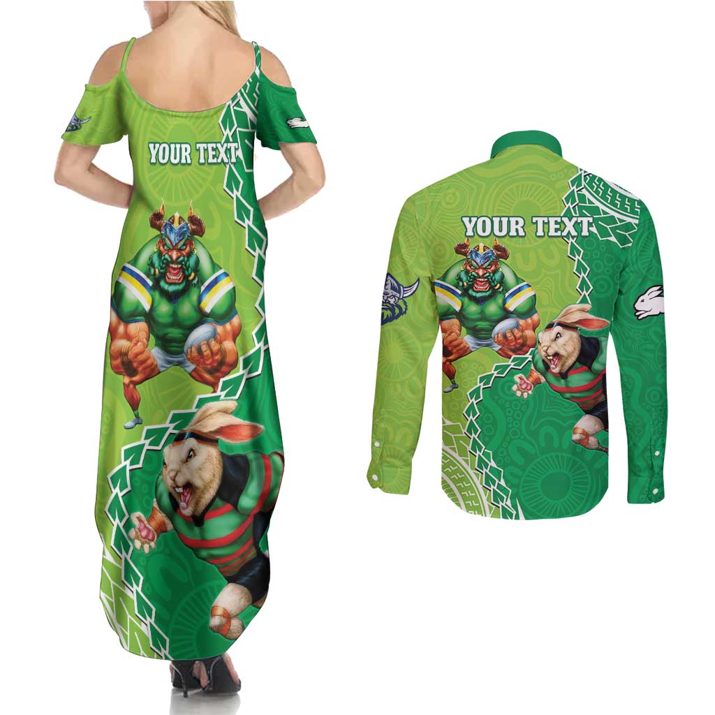 Personalised Rabbitohs And Raiders Rugby Couples Matching Summer Maxi Dress and Long Sleeve Button Shirt Aboriginal Mix Polynesian Pattern