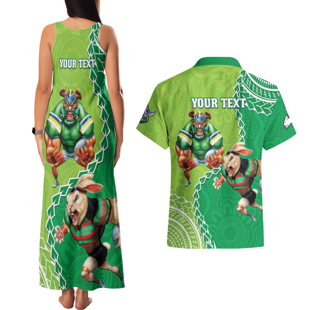 Personalised Rabbitohs And Raiders Rugby Couples Matching Tank Maxi Dress and Hawaiian Shirt Aboriginal Mix Polynesian Pattern