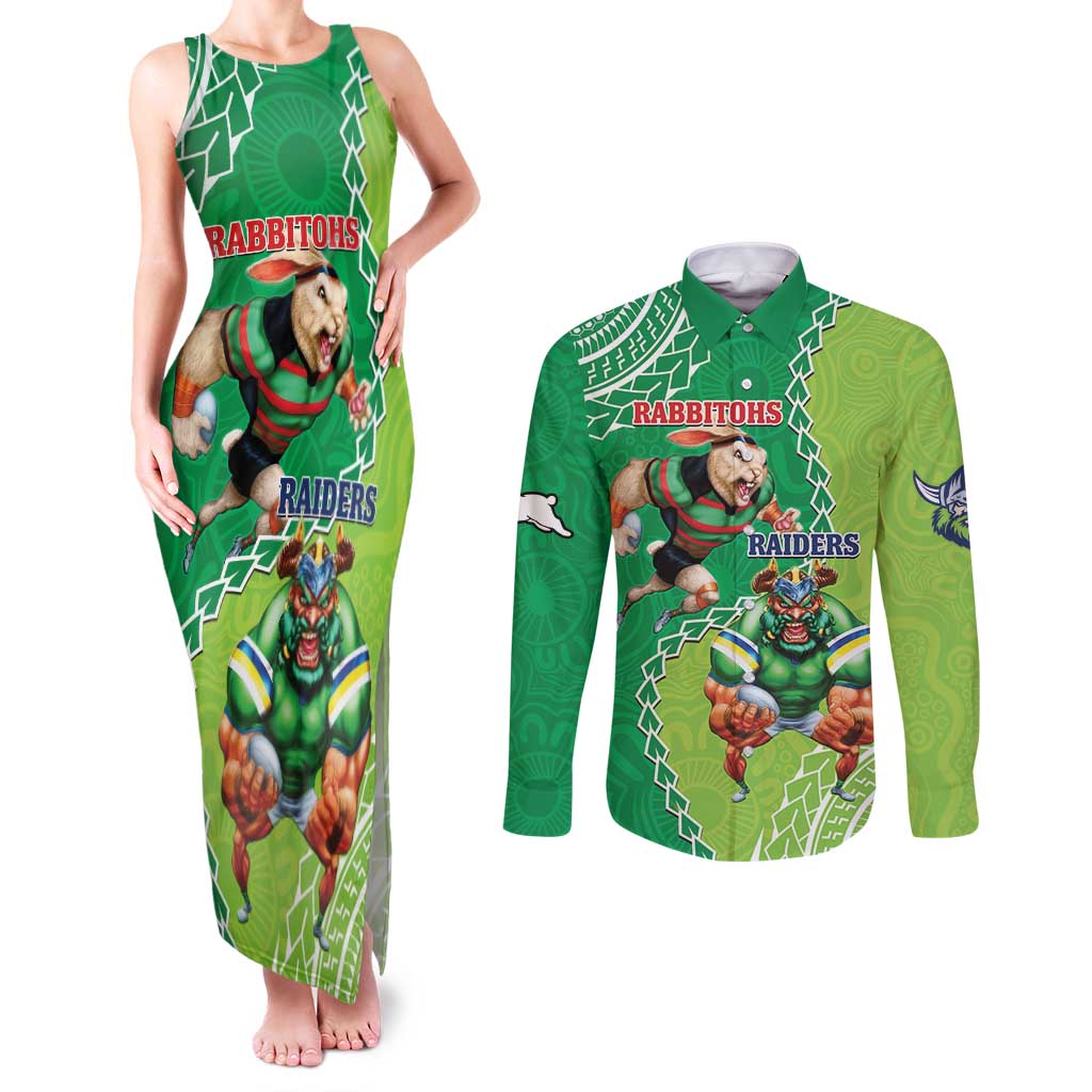 Personalised Rabbitohs And Raiders Rugby Couples Matching Tank Maxi Dress and Long Sleeve Button Shirt Aboriginal Mix Polynesian Pattern