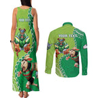 Personalised Rabbitohs And Raiders Rugby Couples Matching Tank Maxi Dress and Long Sleeve Button Shirt Aboriginal Mix Polynesian Pattern