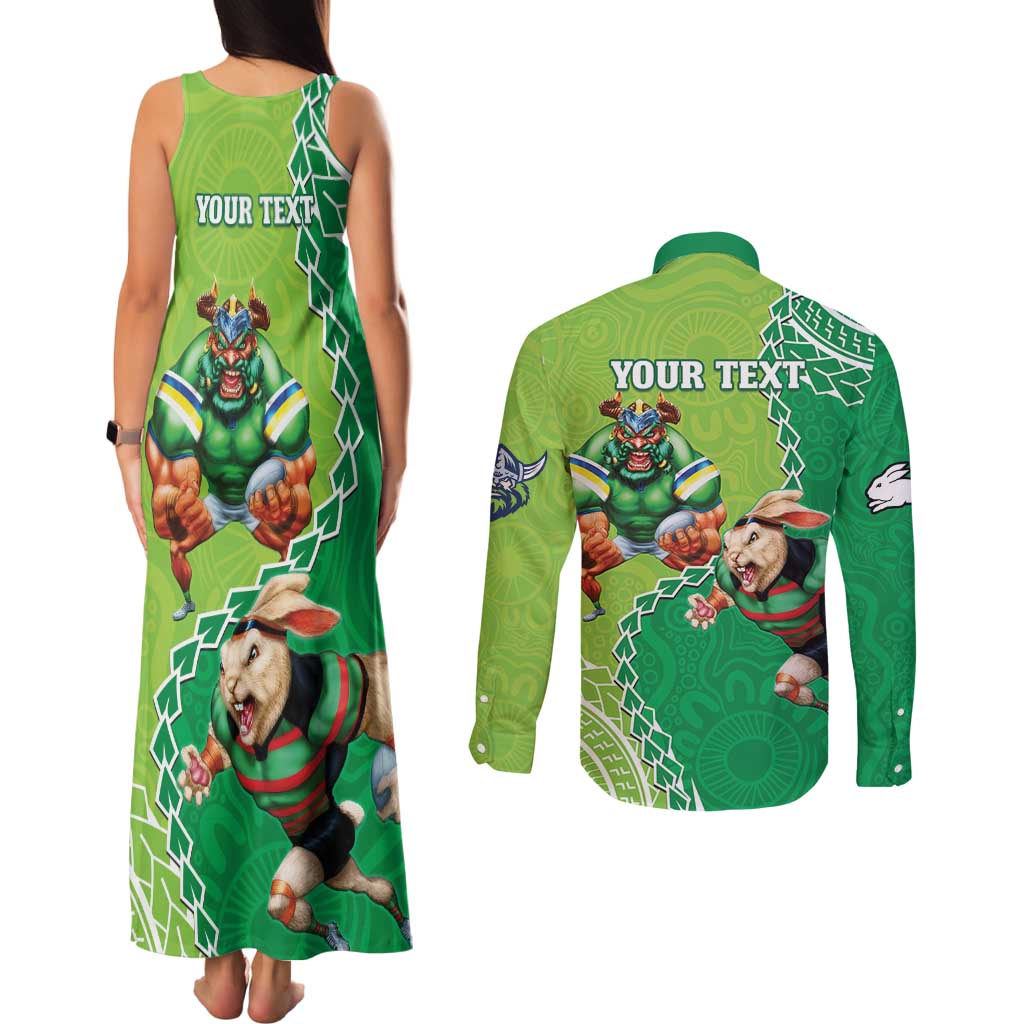 Personalised Rabbitohs And Raiders Rugby Couples Matching Tank Maxi Dress and Long Sleeve Button Shirt Aboriginal Mix Polynesian Pattern