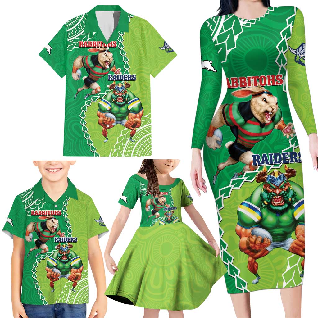 Personalised Rabbitohs And Raiders Rugby Family Matching Long Sleeve Bodycon Dress and Hawaiian Shirt Aboriginal Mix Polynesian Pattern