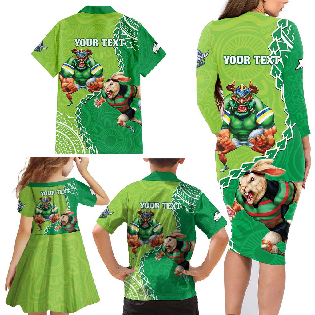 Personalised Rabbitohs And Raiders Rugby Family Matching Long Sleeve Bodycon Dress and Hawaiian Shirt Aboriginal Mix Polynesian Pattern