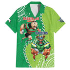 Personalised Rabbitohs And Raiders Rugby Family Matching Long Sleeve Bodycon Dress and Hawaiian Shirt Aboriginal Mix Polynesian Pattern