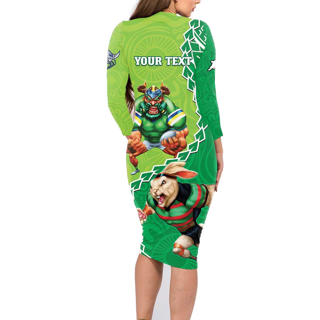 Personalised Rabbitohs And Raiders Rugby Family Matching Long Sleeve Bodycon Dress and Hawaiian Shirt Aboriginal Mix Polynesian Pattern