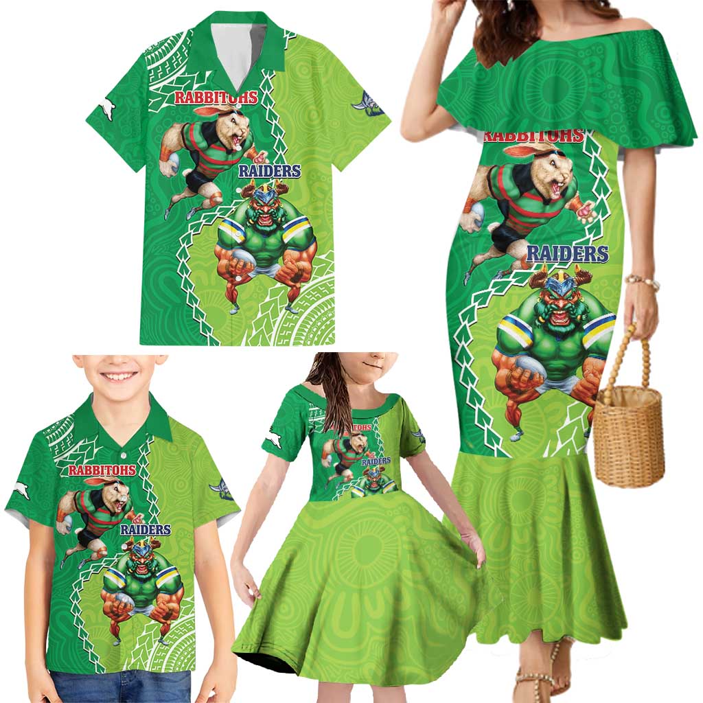Personalised Rabbitohs And Raiders Rugby Family Matching Mermaid Dress and Hawaiian Shirt Aboriginal Mix Polynesian Pattern