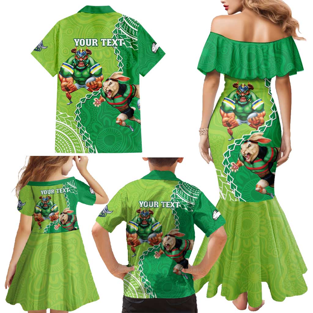 Personalised Rabbitohs And Raiders Rugby Family Matching Mermaid Dress and Hawaiian Shirt Aboriginal Mix Polynesian Pattern