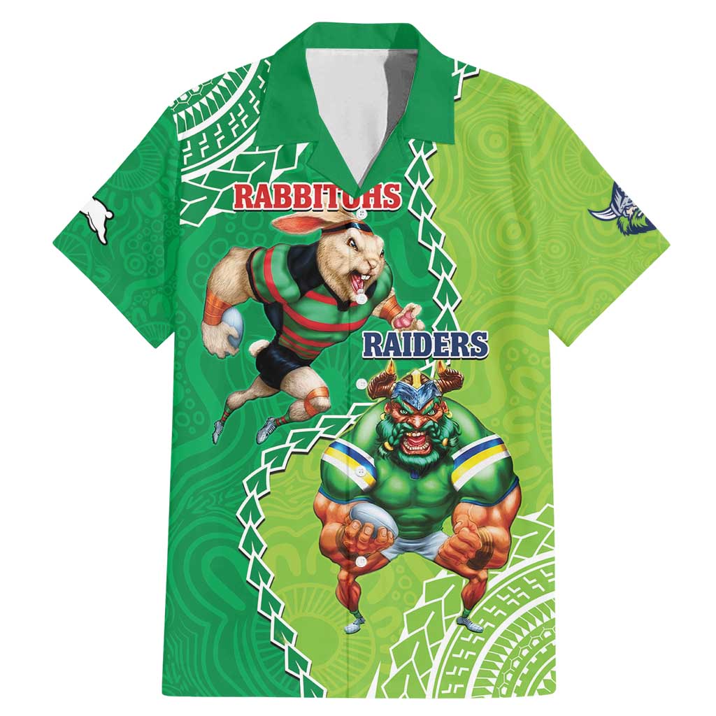 Personalised Rabbitohs And Raiders Rugby Family Matching Mermaid Dress and Hawaiian Shirt Aboriginal Mix Polynesian Pattern