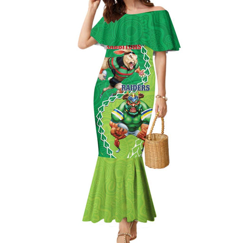 Personalised Rabbitohs And Raiders Rugby Family Matching Mermaid Dress and Hawaiian Shirt Aboriginal Mix Polynesian Pattern