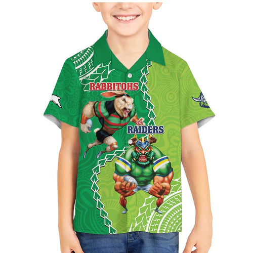 Personalised Rabbitohs And Raiders Rugby Family Matching Mermaid Dress and Hawaiian Shirt Aboriginal Mix Polynesian Pattern