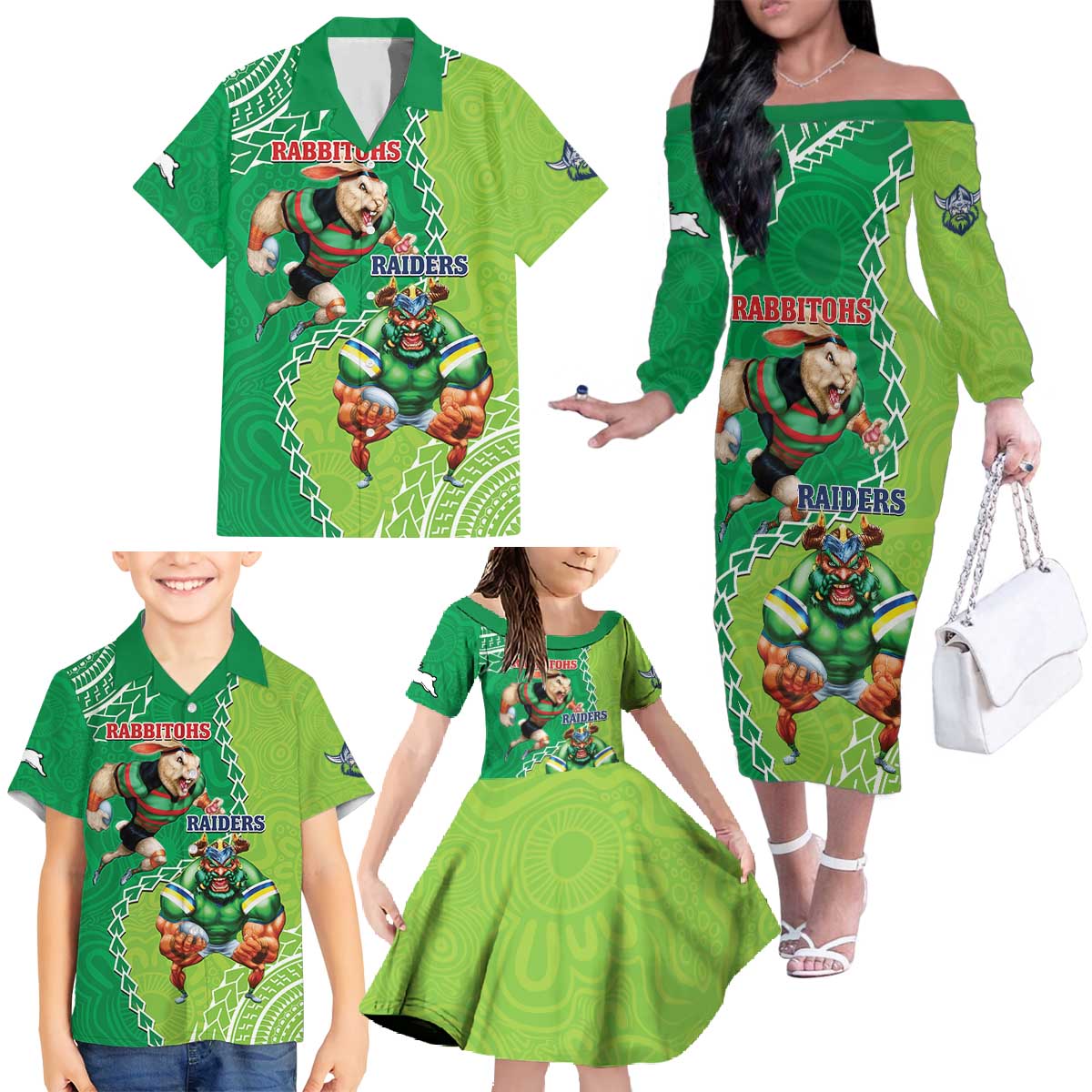 Personalised Rabbitohs And Raiders Rugby Family Matching Off The Shoulder Long Sleeve Dress and Hawaiian Shirt Aboriginal Mix Polynesian Pattern