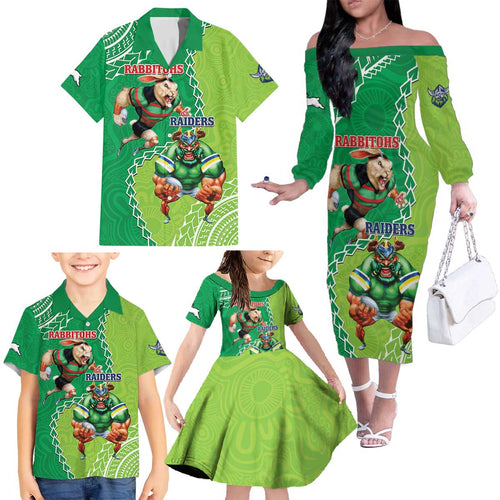 Personalised Rabbitohs And Raiders Rugby Family Matching Off The Shoulder Long Sleeve Dress and Hawaiian Shirt Aboriginal Mix Polynesian Pattern