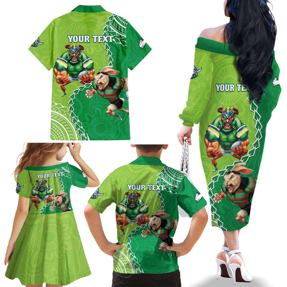 Personalised Rabbitohs And Raiders Rugby Family Matching Off The Shoulder Long Sleeve Dress and Hawaiian Shirt Aboriginal Mix Polynesian Pattern