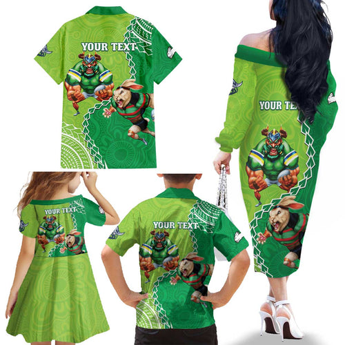 Personalised Rabbitohs And Raiders Rugby Family Matching Off The Shoulder Long Sleeve Dress and Hawaiian Shirt Aboriginal Mix Polynesian Pattern