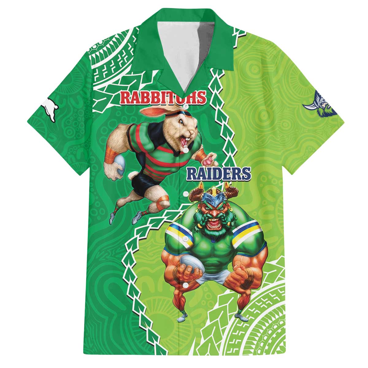 Personalised Rabbitohs And Raiders Rugby Family Matching Off The Shoulder Long Sleeve Dress and Hawaiian Shirt Aboriginal Mix Polynesian Pattern
