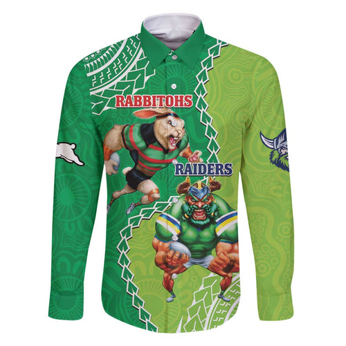 Personalised Rabbitohs And Raiders Rugby Family Matching Off The Shoulder Long Sleeve Dress and Hawaiian Shirt Aboriginal Mix Polynesian Pattern