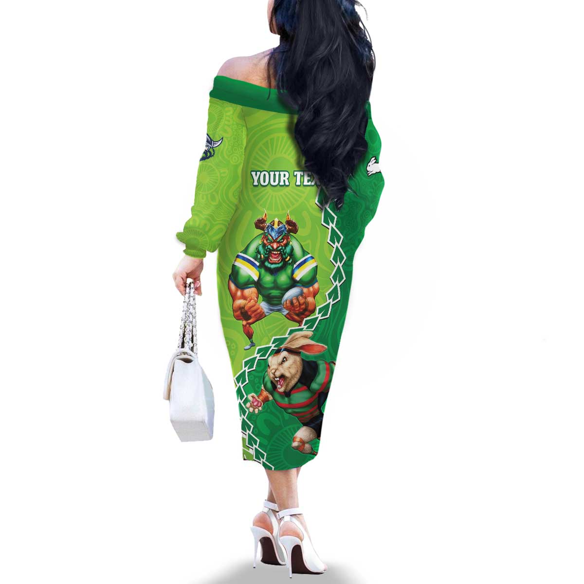 Personalised Rabbitohs And Raiders Rugby Family Matching Off The Shoulder Long Sleeve Dress and Hawaiian Shirt Aboriginal Mix Polynesian Pattern