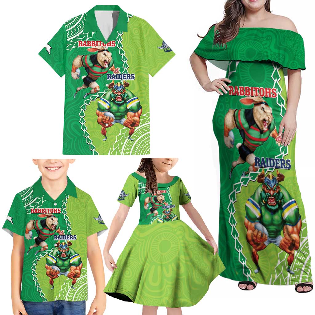 Personalised Rabbitohs And Raiders Rugby Family Matching Off Shoulder Maxi Dress and Hawaiian Shirt Aboriginal Mix Polynesian Pattern