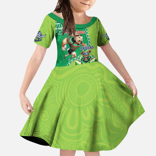 Personalised Rabbitohs And Raiders Rugby Family Matching Off Shoulder Maxi Dress and Hawaiian Shirt Aboriginal Mix Polynesian Pattern