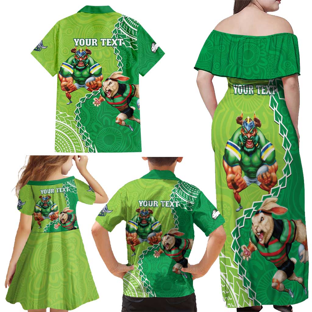 Personalised Rabbitohs And Raiders Rugby Family Matching Off Shoulder Maxi Dress and Hawaiian Shirt Aboriginal Mix Polynesian Pattern