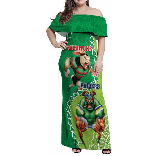 Personalised Rabbitohs And Raiders Rugby Family Matching Off Shoulder Maxi Dress and Hawaiian Shirt Aboriginal Mix Polynesian Pattern