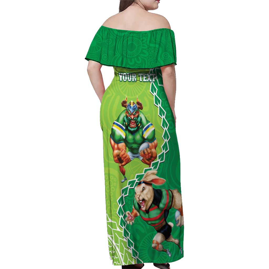 Personalised Rabbitohs And Raiders Rugby Family Matching Off Shoulder Maxi Dress and Hawaiian Shirt Aboriginal Mix Polynesian Pattern