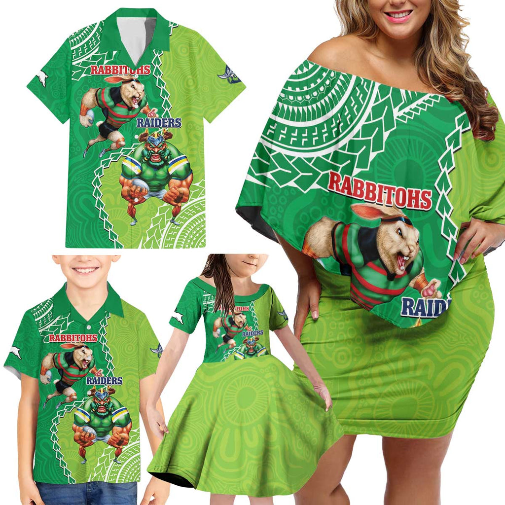 Personalised Rabbitohs And Raiders Rugby Family Matching Off Shoulder Short Dress and Hawaiian Shirt Aboriginal Mix Polynesian Pattern