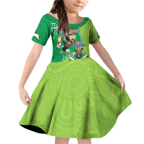 Personalised Rabbitohs And Raiders Rugby Family Matching Off Shoulder Short Dress and Hawaiian Shirt Aboriginal Mix Polynesian Pattern