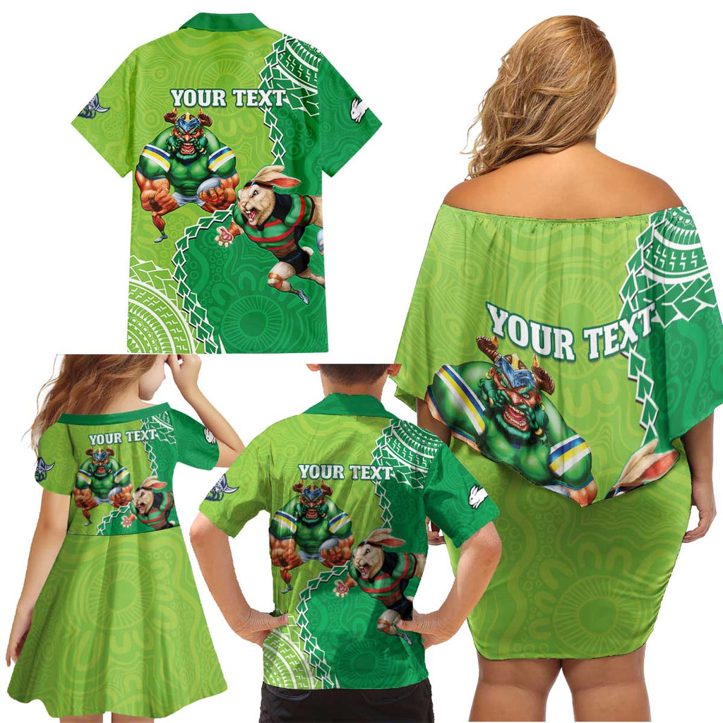 Personalised Rabbitohs And Raiders Rugby Family Matching Off Shoulder Short Dress and Hawaiian Shirt Aboriginal Mix Polynesian Pattern