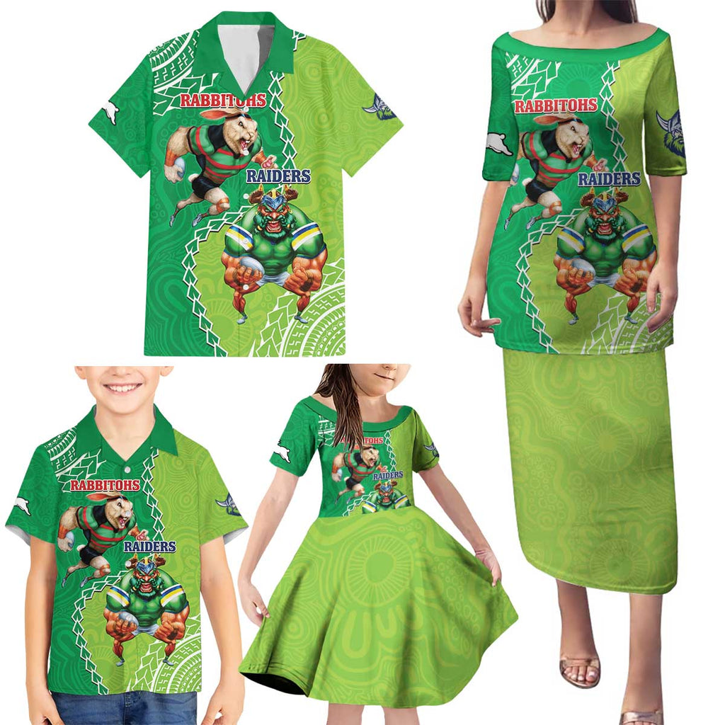 Personalised Rabbitohs And Raiders Rugby Family Matching Puletasi and Hawaiian Shirt Aboriginal Mix Polynesian Pattern