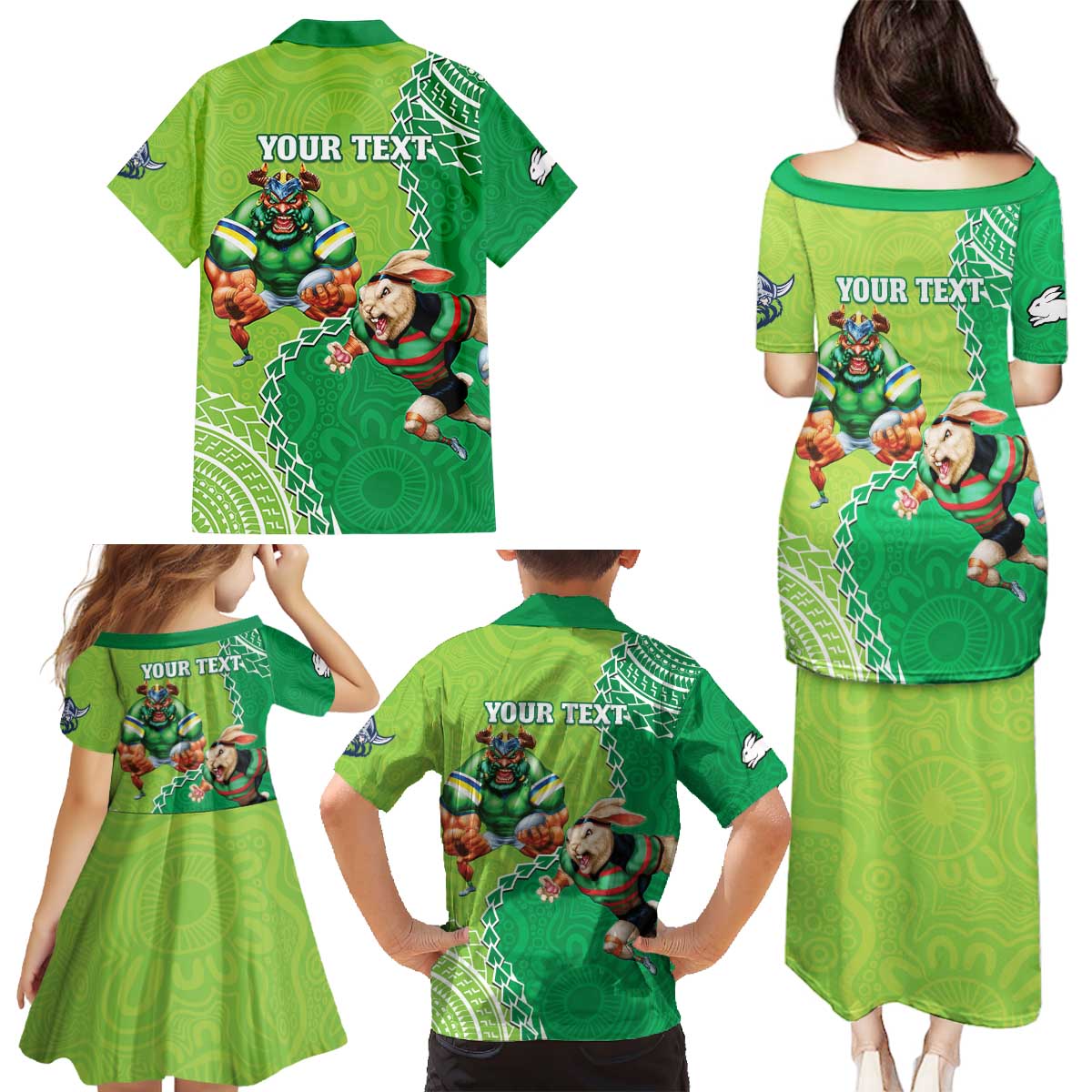 Personalised Rabbitohs And Raiders Rugby Family Matching Puletasi and Hawaiian Shirt Aboriginal Mix Polynesian Pattern